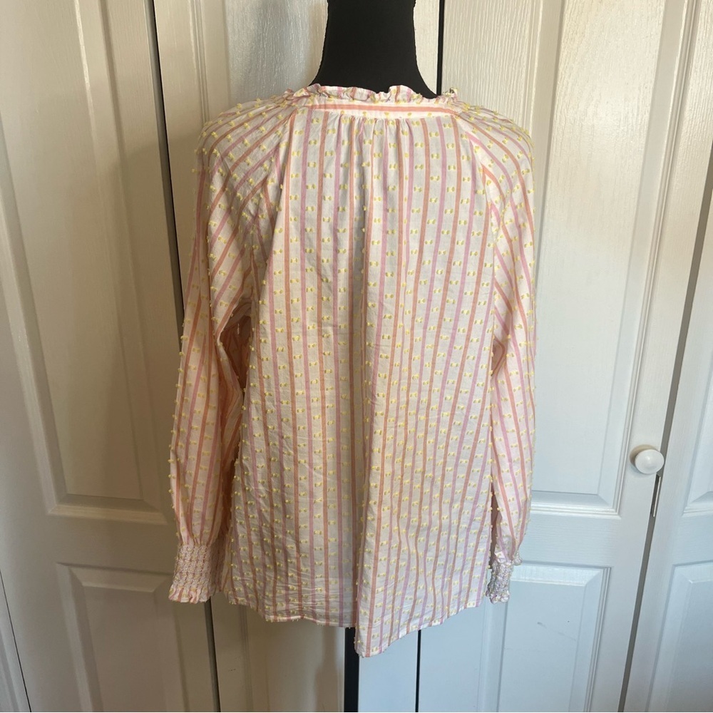Talbots Sz M Pink Striped Jacquard Blouse Smocked Cuff Textured Swiss Dot Ruffle - Picture 7 of 9